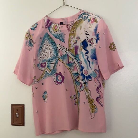 LOUIS FERAUD FLORAL SHORT SLEEVE BUTTON DOWN BACK BLOUSE SIZE 6 - Picture 1 of 6